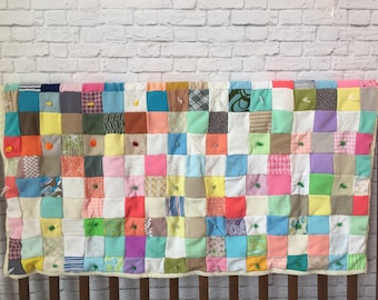 vintage patchwork quilt, multi-colored vintage quilt, multi-color baby quilt, vintage handmade lap quilt, checkered quilt, bright crib quilt
