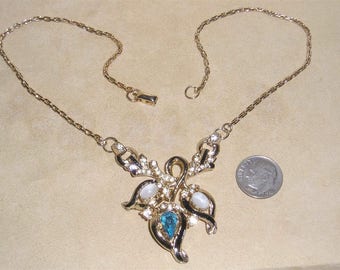 Vintage Signed Coro Rhinestone Necklace With Glass Moon Stones And Enamel 1940's Jewelry 11006