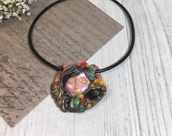 Face pendant - Face pendant necklace - Face necklace - Polymer clay pendant - Polymer clay pendant necklace - Goddess pendant