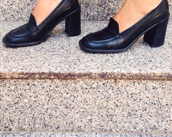 90s MIU-MIU Vintage Leather Heeled Oxford Platform Penny Loafer's