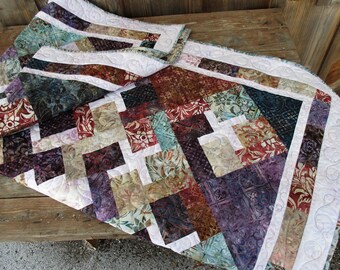 Batik Quilt Throw Large Lap Quilt Masculine Quilt Blanket Modern Rustic Sofa Throw Couch Blanket Teal Purple Red Quilt Dark Color Quilt