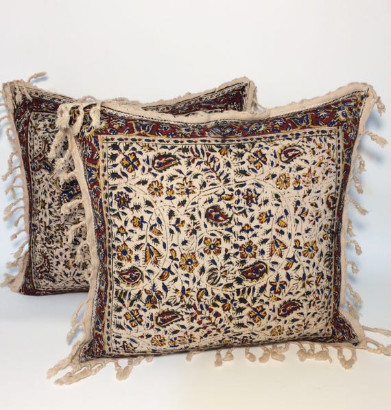 Set of two hand block printed tapestry pillows | flowers Cushions | natural cotton pillows With Tassels