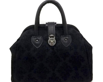 Black on Black Embossed Denim Mary Poppins Style Carpet Bag with Real Leather Accents/ Medium Handbag / Travel Bag