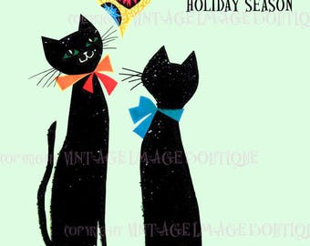 Fabulous 1950's Kitschy Illustration Of Two Black Cats Under A Bauble Ornament Seasonal Winter Solstice Holiday 5x7 Greeting Card