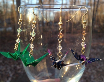 Hand-Folded Origami Crane Earrings with Swarovski Crystals, NICKEL-FREE Gold-Colored Ear Wires, Japanese