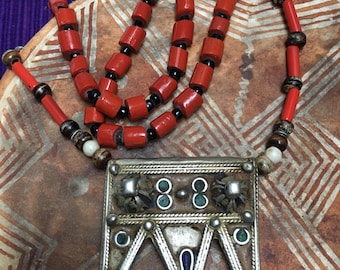 Berber Tribal Necklace with Old Enamel Prayerbox, Coral & Various Beads from South Morocco