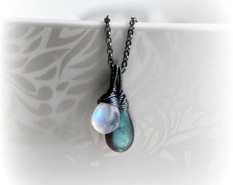Labradorite Moonstone Necklace, Moonstone and Labradorite Pendant, Gemstone Necklace Gift, Small Wire Wrapped Necklace in Oxidised Silver