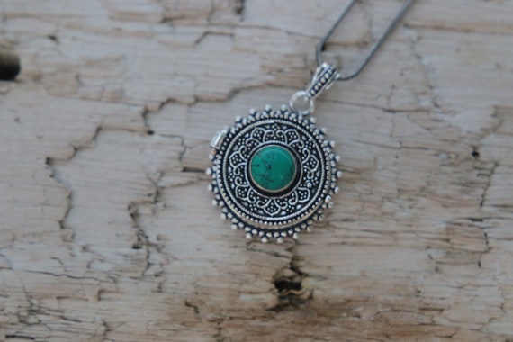TURQUOISE PILL BOX - Silver plated Necklace - Mantra Box - Crystal - Gemstone - Stash box - Festival - Perfume box - Keepsake Jewellery
