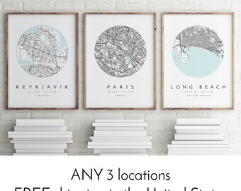 Personalized Map Print, Set of Three, Map Prints, Custom Locations, Your Choice, Anniversary, Custom Map, Home Town Map, City Map