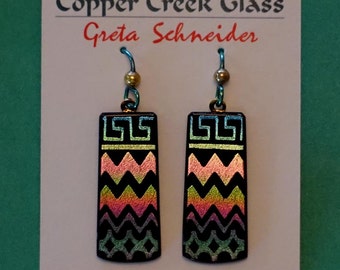 Custon Etched Dichroic Fused Glass French Wire Earrings by Greta Schneider