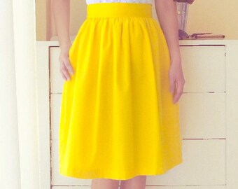 Cotton gathered full skirt with pockets - custom size, length mini knee midi length - black blue navy gray plum green red yellow lavender