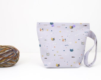 Purple cat knitting bag, small sock project bag with snaps, one skein cat crochet organiser
