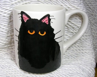 Black Cat Mug Handpainted by GMS Earthenware Ceramic Clay Kiln Fired