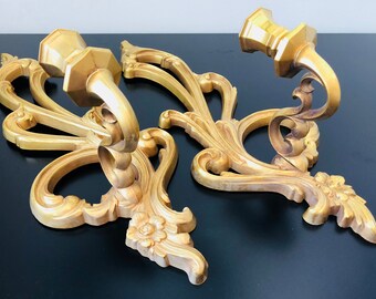 Vintage Hollywood Regency Wall Sconces, 1950's Syroco Wall Candle Holders, Gold Tone Wall Sconces With Flowers, Lovely Gold Candle Sconces