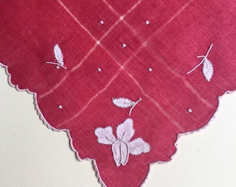 Vintage Red Handkerchief with Pink Flowers