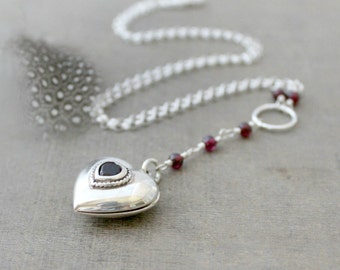 Sterling Silver Locket Necklace, Silver Heart Locket, Vintage Locket Pendant, Garnet Necklace, January Birthstone Locket, Garnet Locket