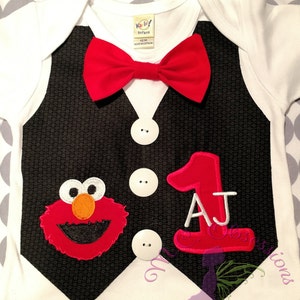 Red Monster Applique Bow-tie Vest Bodysuit, Elmo Birthday Shirt, Elmo Applique, Sesame Street Inspired bodysuit, Shirt, Elmo Birthday Party