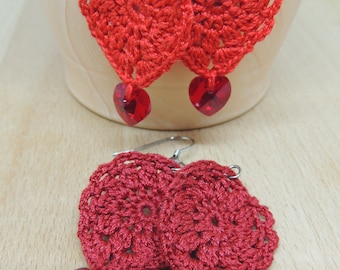 Crochet earrings with Swarovski red heart, crochet earrings, handmade earrings, handing earring, gift for Valentine's Day, gift