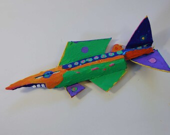 Fish Art Created from Found Wood Chip from the Woods of Western NY, combined with Recycled Materials nad Painted with Bright Color