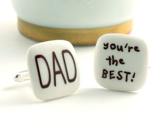 Dad Cuff links Porcelain The Best Fathers Day Gift Present Christmas Handmade White Brown