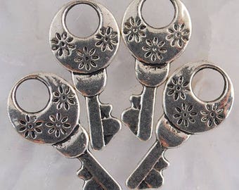 5 Flower KEY charms pendant Antique Silver Tone, Key flower, Double sided Flower Key, 30mm, USA Seller, C205 C206