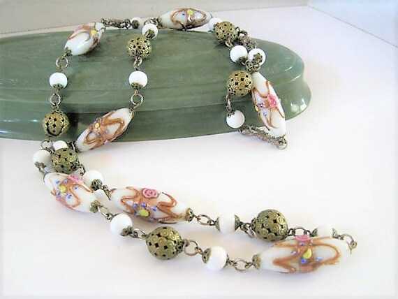 Venetian Glass Bead Necklace, Elongated Feather Design, 34 Inches, White Art Glass, Aventurine GoldStone Wrap, Italian Beads