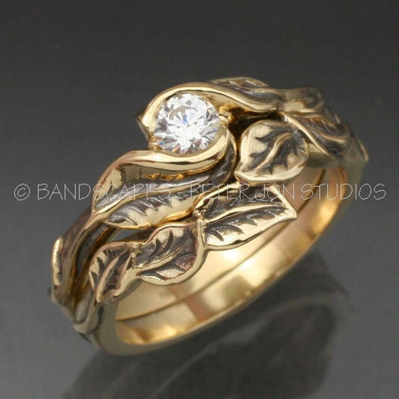  Gold  DELICATE LEAF  Wedding  Ring  Set Engagement  Ring  and