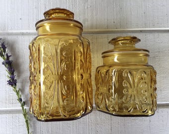 Vintage Imperial Glass Atterbury Scroll Canister amber jar, large glass apothecary jar, retro harvest gold glass jar, retro yellow canister