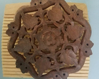 Trivet - ornate carved wood vintage trivet or decoration