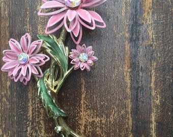 Vintage BSK Pink Daisy Brooch Pin with Rhinestones