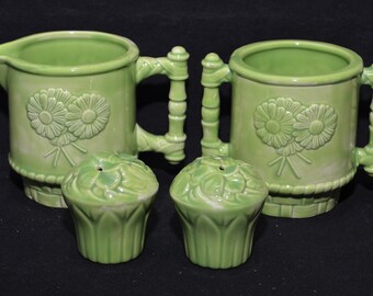 Green-Glazed Floral-Decorated Creamer, Sugar and Salt & Pepper Set - 4 Pcs.
