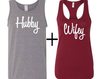 Men's tank top with ladies Racerback, Hubby and Wifey shirts, Couples shirt, Newlywed shirts, Just married shirts, Hubby and Wifey tank