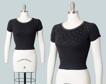 Vintage 1950s Sweater | 50s Rhinestone Studded Black Knit Cropped Orlon Acrylic Pullover Sweater Top (xs/small)