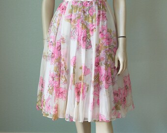 1960s Addie Masters Floral Silk Chiffon Casual Dressy Dress / Pink Roses Scarf Print / Fit and Flare Full Skirt / Small
