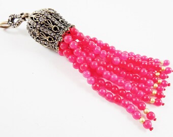 Large Long Cerise Pink Jade Stone Beaded Tassel with Crystal Accents - Antique Bronze - 1PC