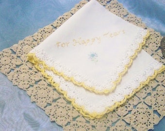For Happy Tears Handkerchief, Hanky, Hankie, Embroidered, Personalized Hand Crochet, Lace, Ladies, Yellow, Ready to ship