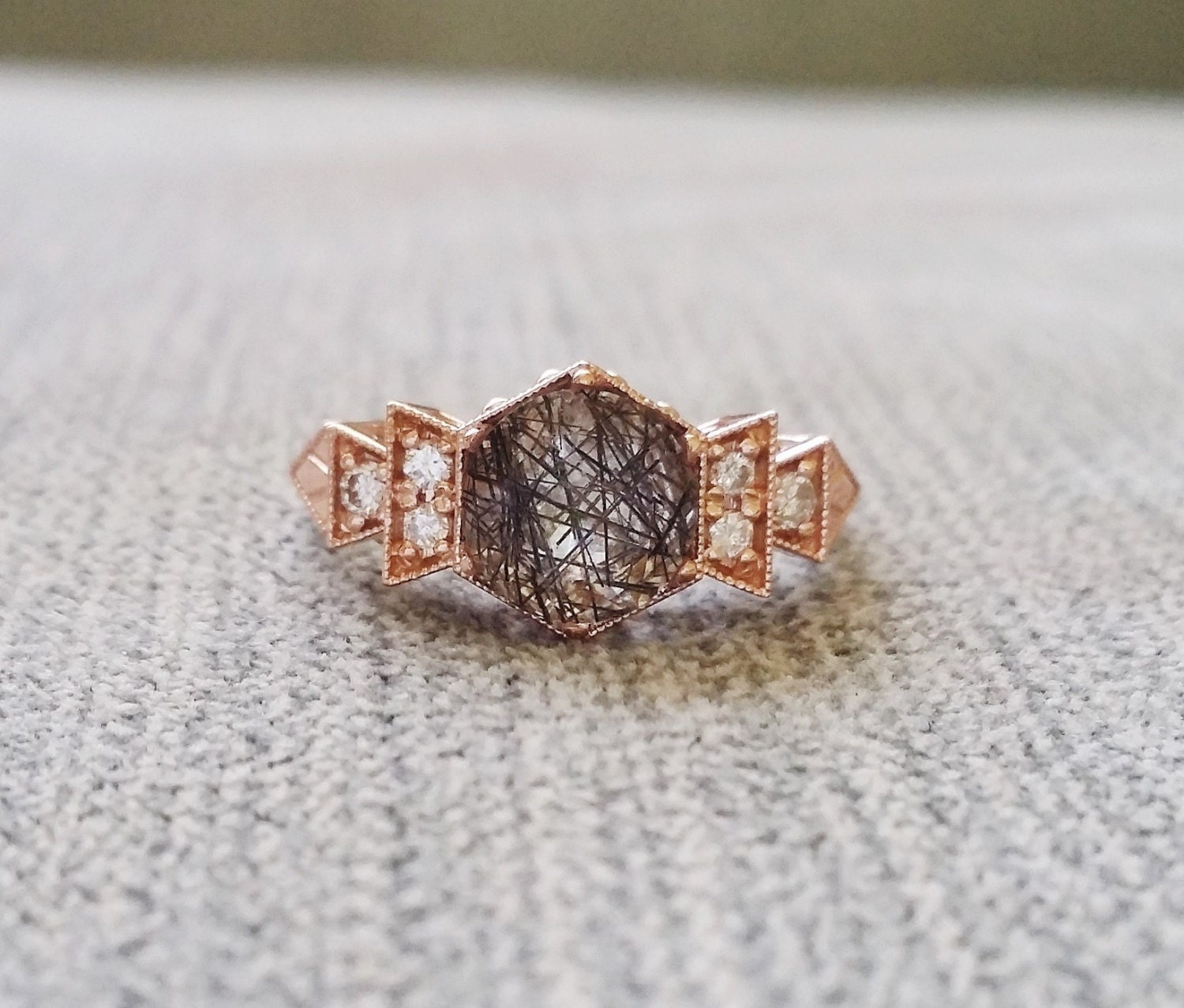 Antique Diamond Rutilated Quartz Engagement Ring Rose Gold