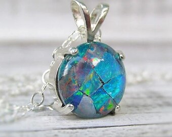 Opal Pendant Necklace, Australian Opal Necklace, Opal Jewelry, Mosaic Opal, Gemstone Necklace, October Birthstone