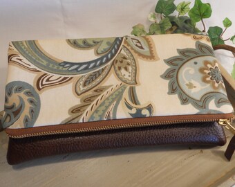 Foldover Cotton CLUTCH...with Faux "Leather" Accent...Perfect for Bridesmaids...will hold iPad Mini or Kindle