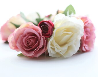 Flower Crown or Floral Head Wreath Silk Pink/Cream Boho or Vintage Bride or Wedding Party