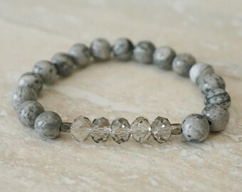 Crystal Bracelet, Gray Bracelet, Gifts under 20, Gemstone Bracelet, Simple Jewelry, Mothers Day Jewelry, Beaded Bracelet, Crystal Jewelry