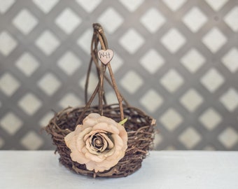 Champagne Rose Twig round personalized wedding small rustic flower girl basket. Customize with flower and initials