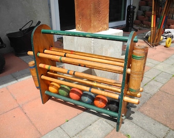 Wooden Croquet Set Complete. Primitive Lawn Croquet Set with stand