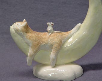 Handmade Ceramic Cat on the Moon with a Mouse on its Back in Stoneware - Cat Figurine Cat Sculpture Animal Art Ceramic Art Ceramic Mouse
