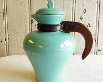 Vintage Turquoise Ceramic Joaqin Potteries Coffee Carafe with Wood Handle - 1930s Coffee Server - Rare and Hard to Find California Pottery