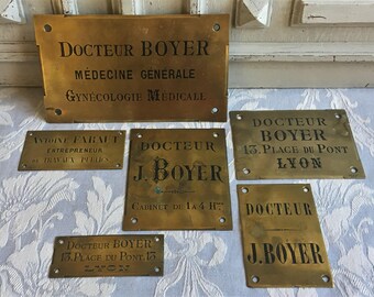 Antique brass publicity name sign. "Docteur J.BOYER" doctor, 1920's French plaque, Industrial Loft, Paris, authentic antique advertising.