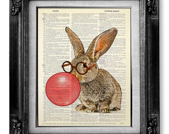 Bunny RABBIT Art Print, Rabbit Decor BOOK ART, Bunny Print Rabbit Illustration Bunny Painting Artwork, Nerd Rabbit Nursery Art Red Bubblegum