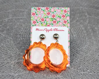 Vintage inspired earrings, pendant earrings big loop orange, 60s