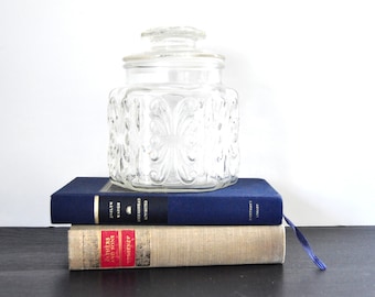 Vintage Glass Canister, Imperial Glass, Atterbury Scroll, Clear with Lid, Storage Jar