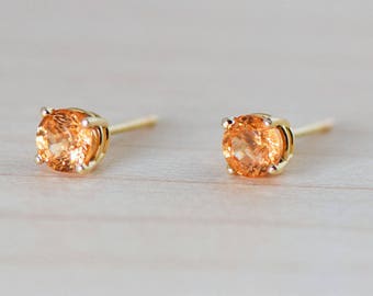 Spessartite Mandarin Orange Garnet 14k Yellow Gold Stud Earrings
